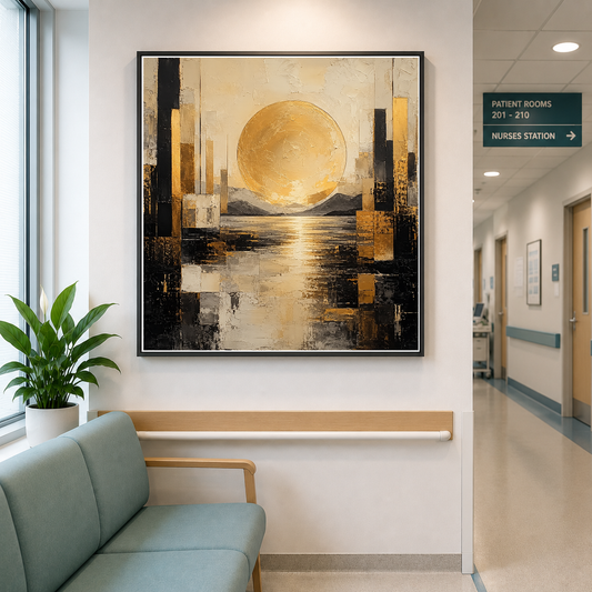 Golden Sunset Over Architectural Waters – Gold reflects in stillness, architecture breathes – Framed Metal Poster - Artofied