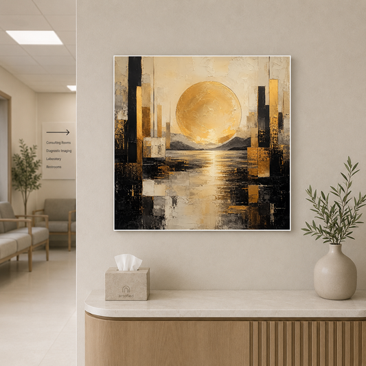 Golden Sunset Over Architectural Waters – Gold reflects in stillness, architecture breathes – Premium Metal Poster - Artofied