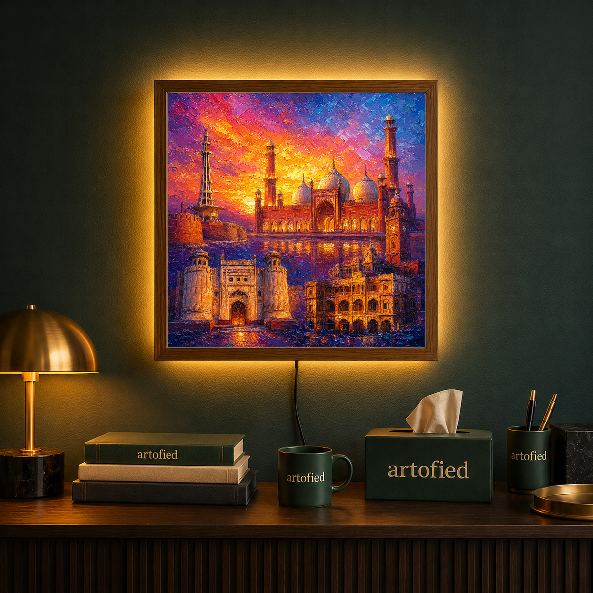 Golden Sunset Over Sacred Waters – Where tradition meets transcendent light – Acrylic Glowing Frame - Artofied