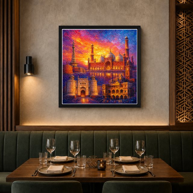 Reflected Minarets at Sunset – Framed Metal Poster