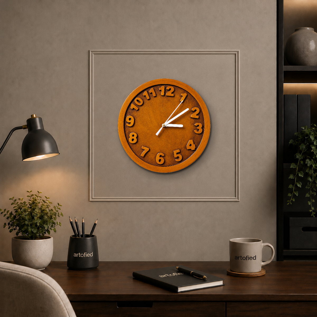 Honey Numbers Classic wooden wall clock above a desk on a taupe panelled wall
