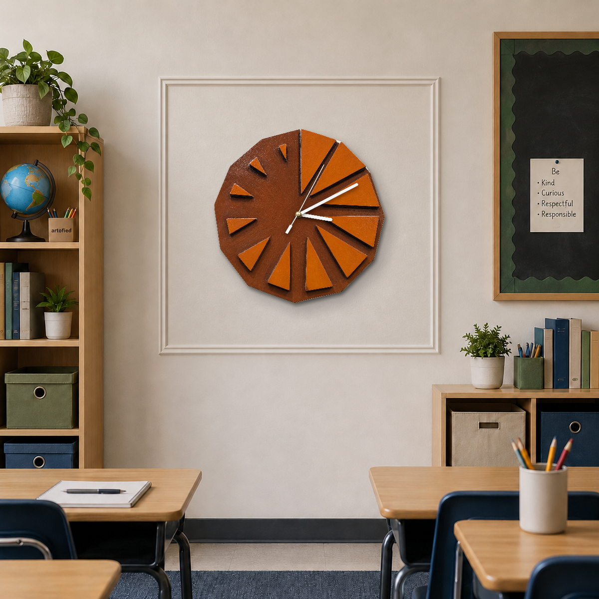 Hours Slipping Away wooden wall clock on a classroom wall with plaster molding