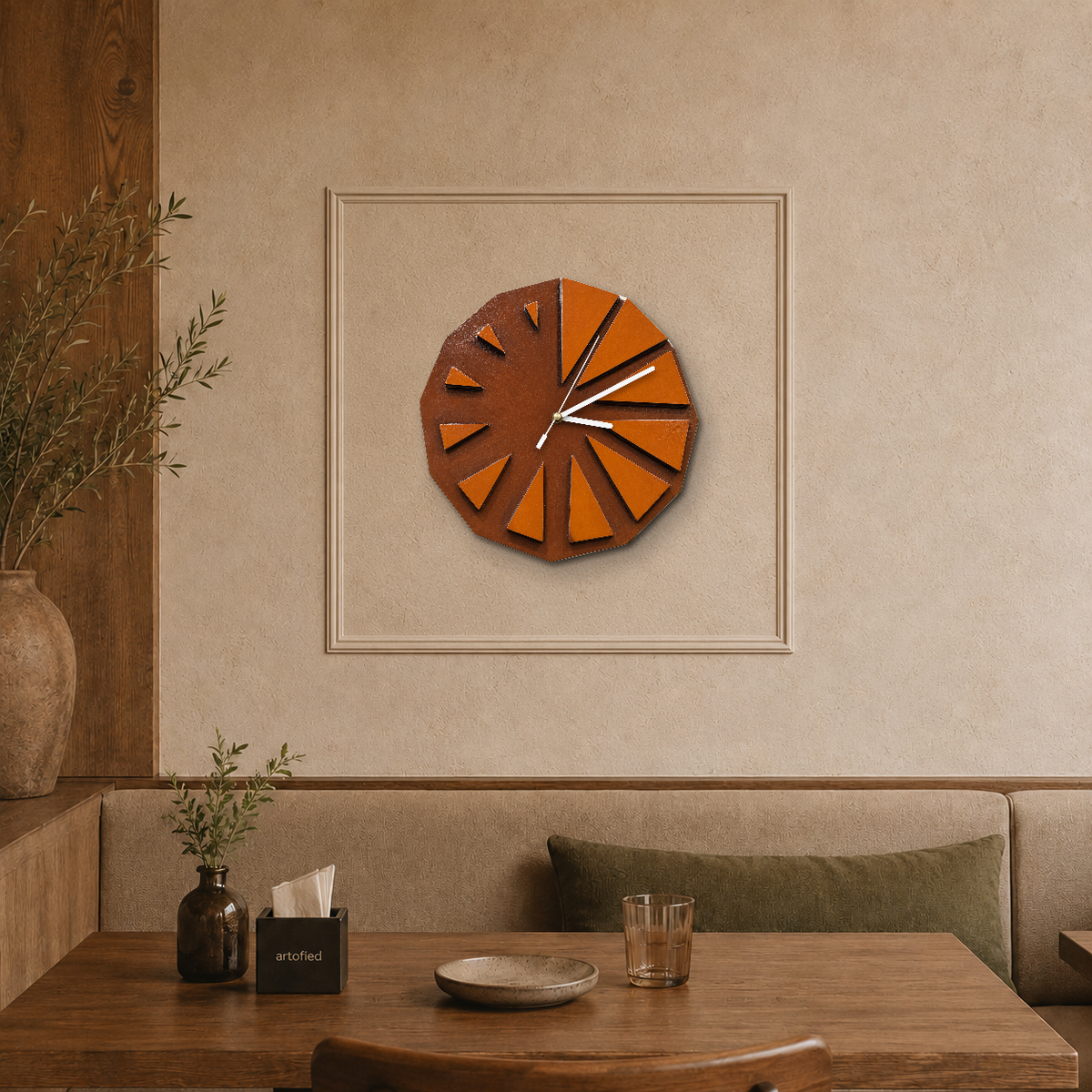 Hours Slipping Away wooden wall clock in a cafe with a sculpted plaster border