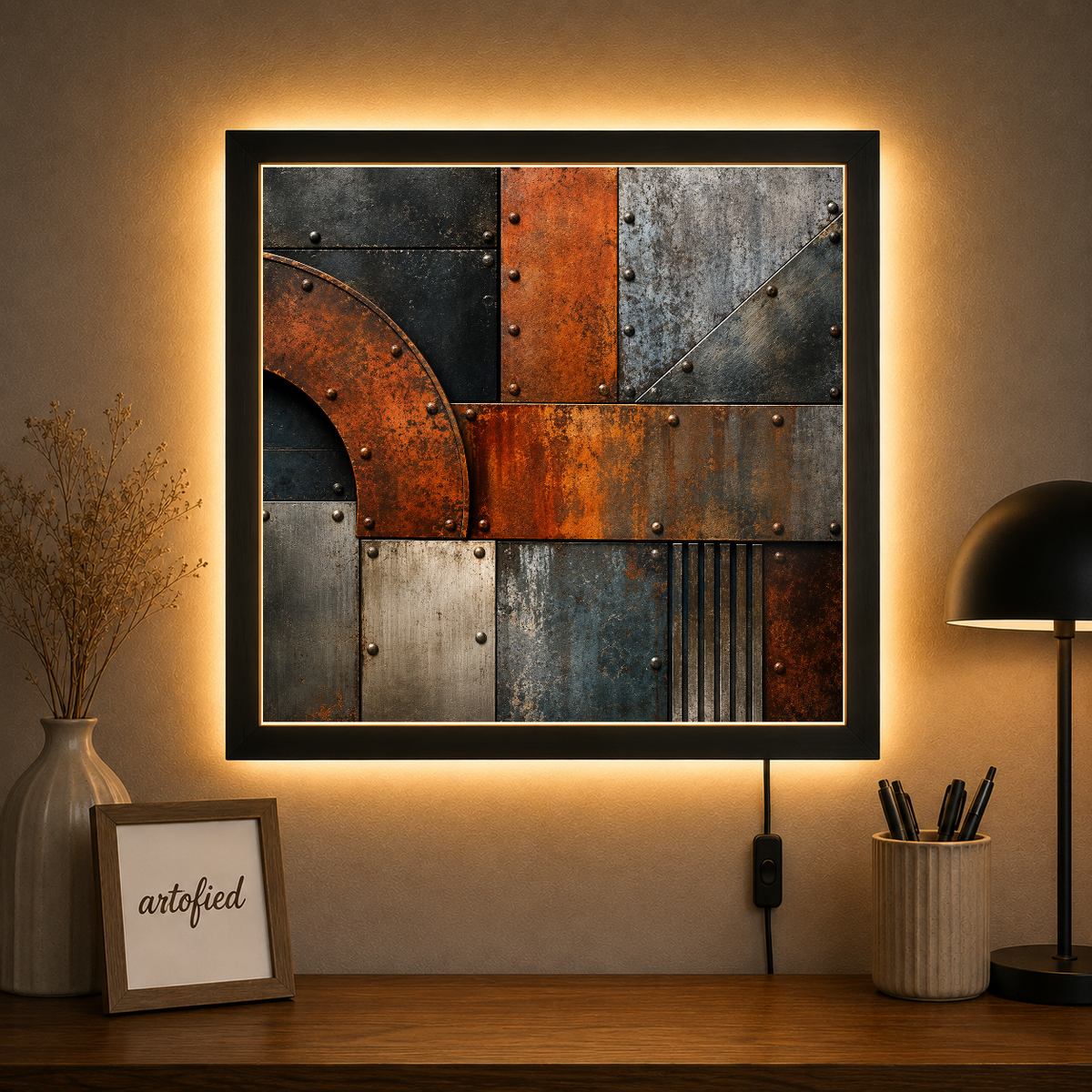 Industrial Geometry: Rust and Steel – Rust oxidizes into shadow and geometry. – Acrylic Glowing Frame - Artofied
