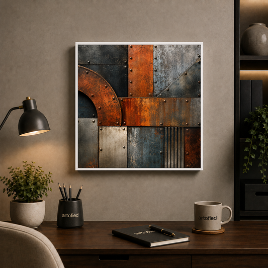 Industrial Geometry: Rust and Steel – Rust oxidizes into shadow and geometry. – Framed Metal Poster - Artofied