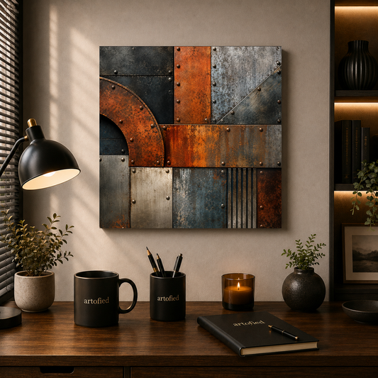 Industrial Geometry: Rust and Steel – Rust oxidizes into shadow and geometry. – Premium Metal Poster - Artofied
