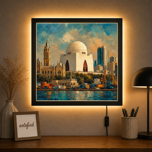 Karachi Waterfront: Dome & Skyline – Where heritage meets the modern horizon – Acrylic Glowing Frame - Artofied