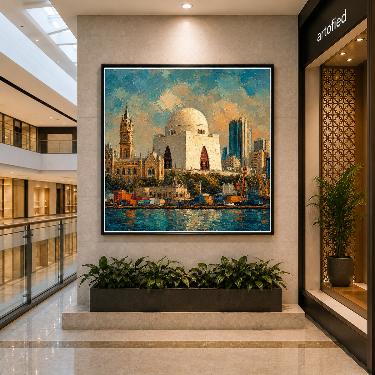 Karachi Waterfront: Dome & Skyline – Where heritage meets the modern horizon – Framed Metal Poster - Artofied