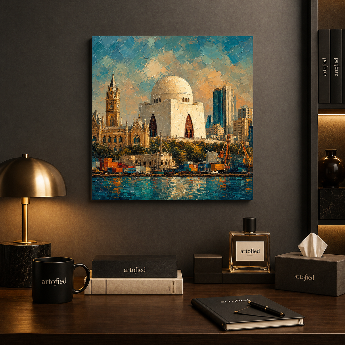 Karachi Waterfront: Dome & Skyline – Where heritage meets the modern horizon – Premium Metal Poster - Artofied