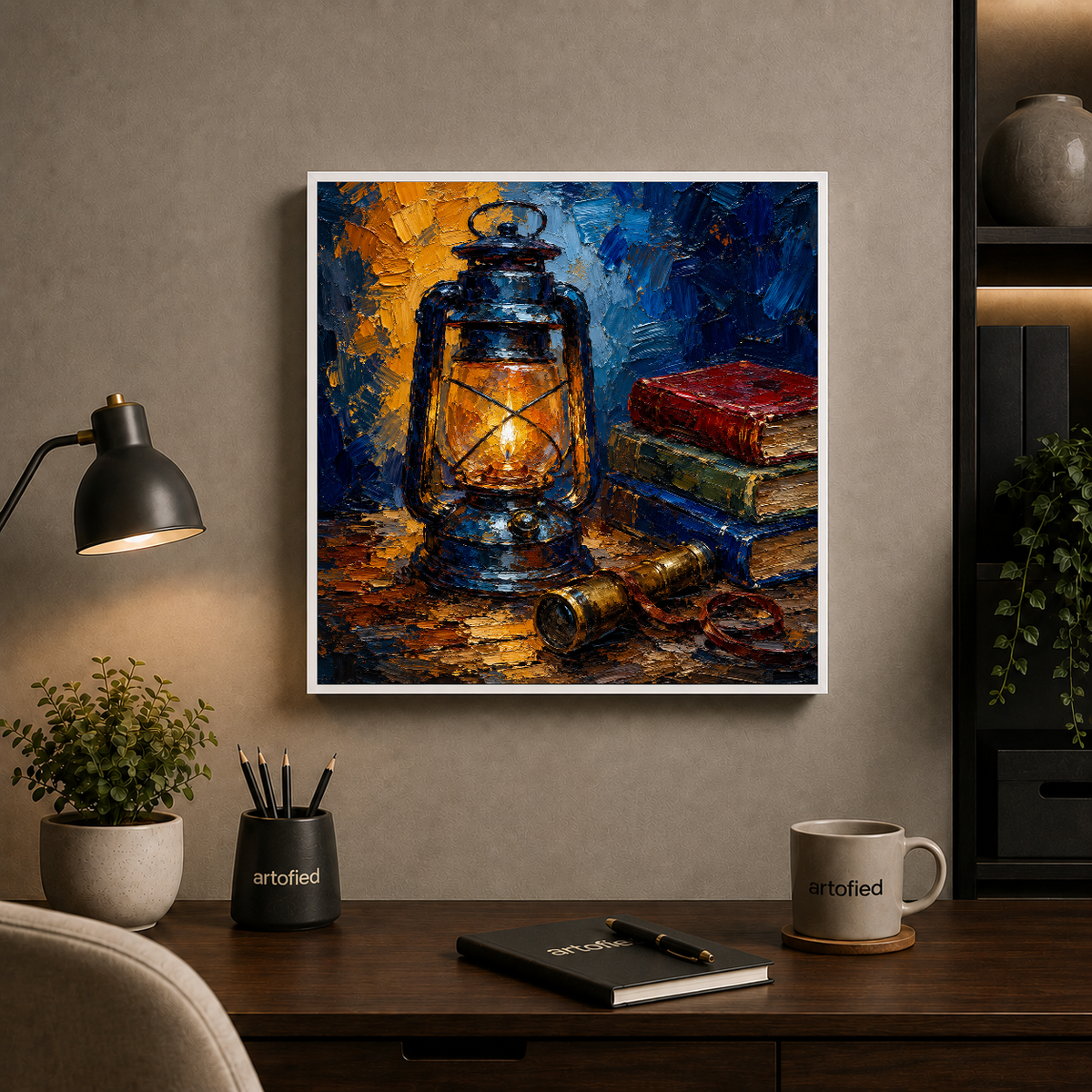 Lantern's Glow: A Study in Solitude – Amber glow on weathered pages, deep blue silence – Framed Metal Poster - Artofied