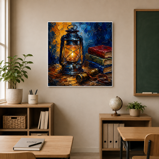 Lantern's Glow: A Study in Solitude – Amber glow on weathered pages, deep blue silence – Premium Metal Poster - Artofied