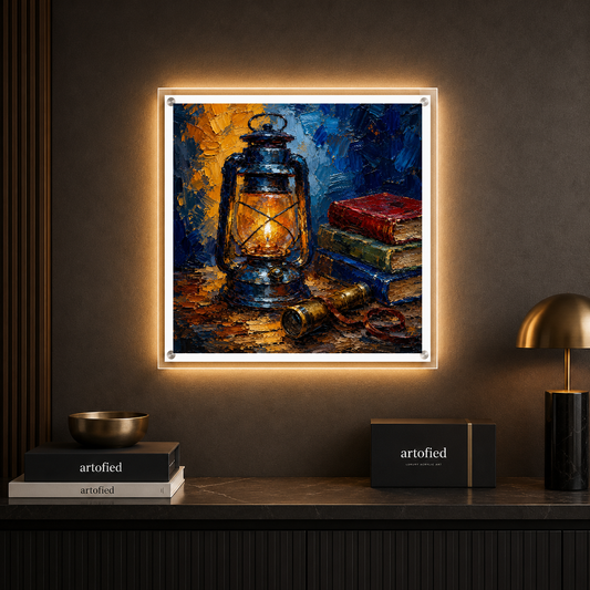 Lantern's Glow: A Study in Solitude – Amber glow on weathered pages, deep blue silence – Photo Frame Wall Lamp - Artofied