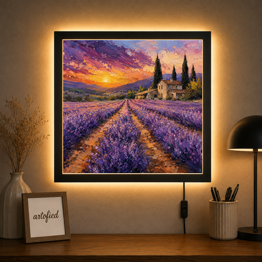 Lavender Fields at Golden Sunset – Purple fields glowing gold at dusk – Acrylic Glowing Frame - Artofied