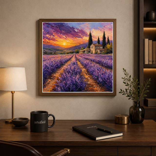 Lavender Rows at Dusk – Framed Metal Print Wall Art