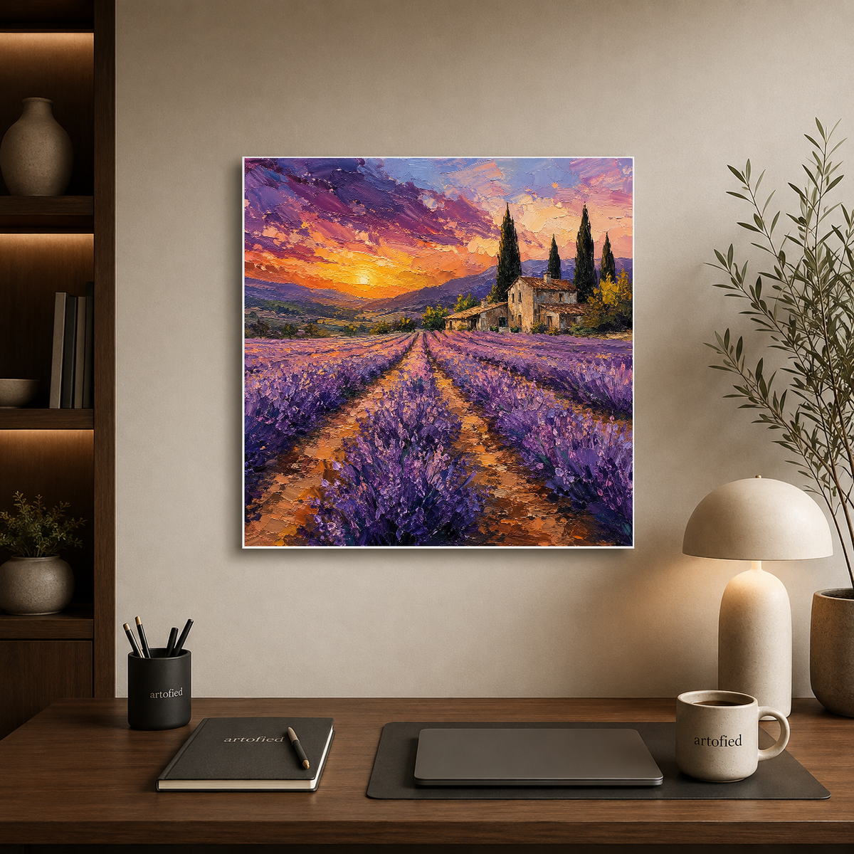 Lavender Fields at Golden Sunset – Purple fields glowing gold at dusk – Premium Metal Poster - Artofied