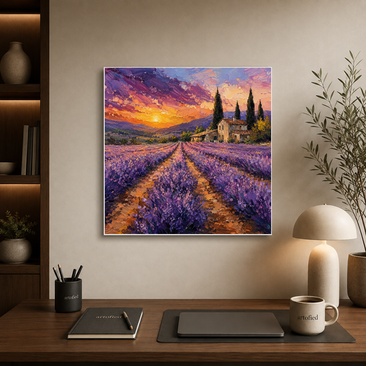 Lavender Fields at Golden Sunset – Purple fields glowing gold at dusk – Premium Metal Poster - Artofied