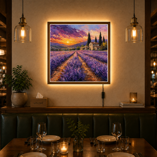 Lavender Fields at Golden Sunset – Purple fields glowing gold at dusk – Photo Frame Wall Lamp - Artofied