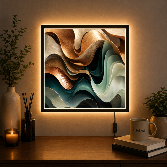 Layered Abstractions in Warm Earth – Copper and teal in gentle motion – Acrylic Glowing Frame - Artofied
