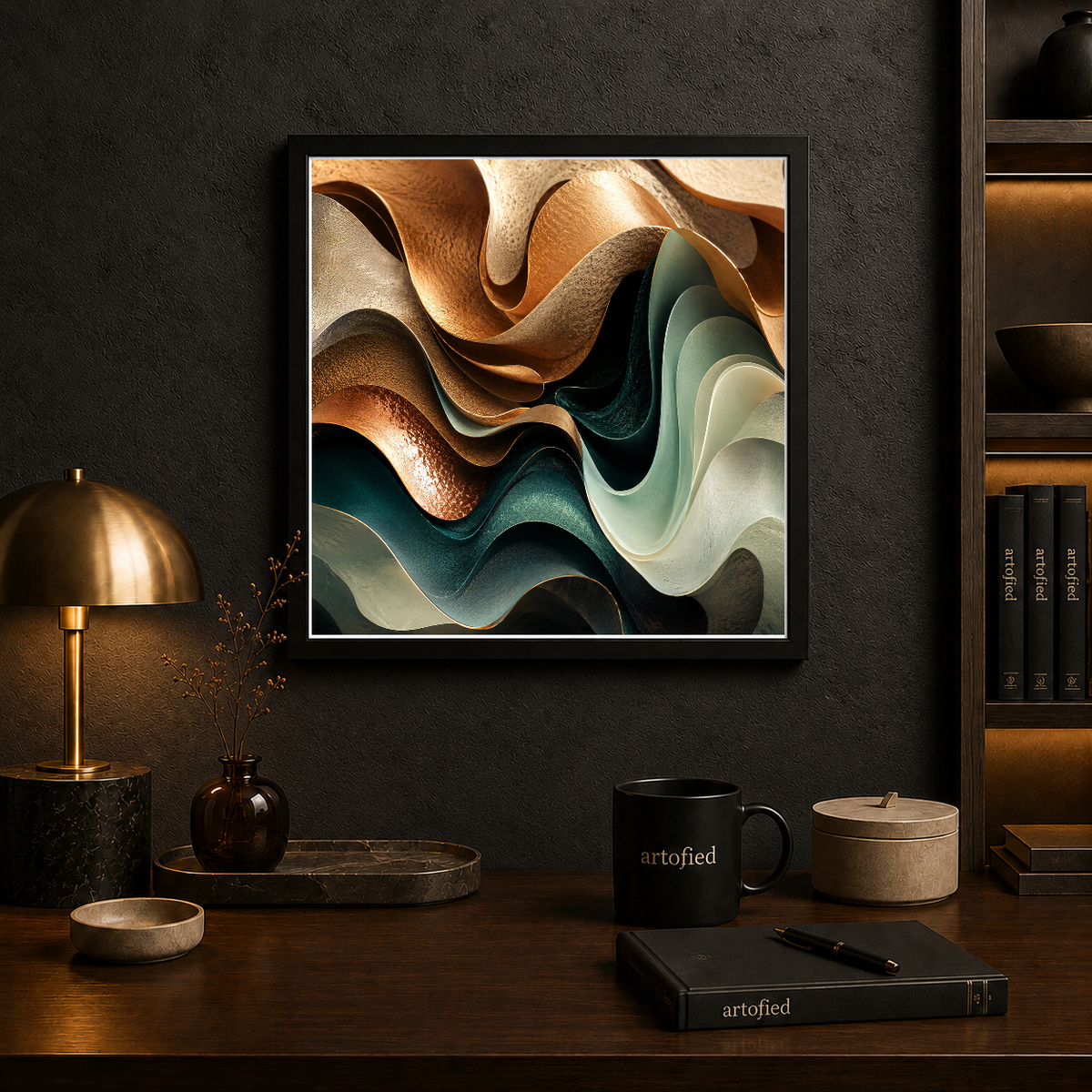 Layered Abstractions in Warm Earth – Copper and teal in gentle motion – Framed Metal Poster - Artofied