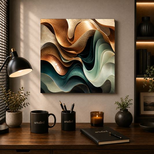 Layered Abstractions in Warm Earth – Copper and teal in gentle motion – Premium Metal Poster - Artofied