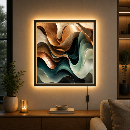 Layered Abstractions in Warm Earth – Copper and teal in gentle motion – Photo Frame Wall Lamp - Artofied