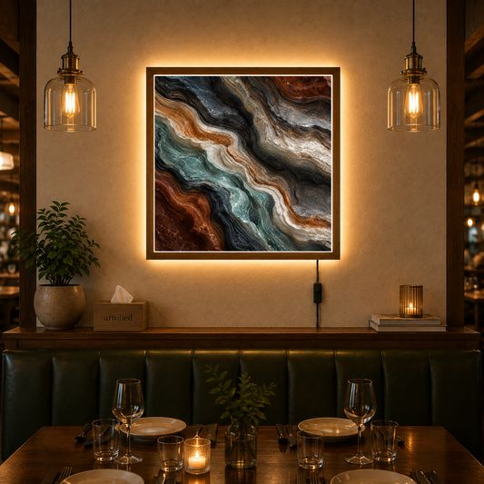 Layered Earth: Fluid Abstraction – Swirling teals and burnt orange secrets – Acrylic Glowing Frame - Artofied