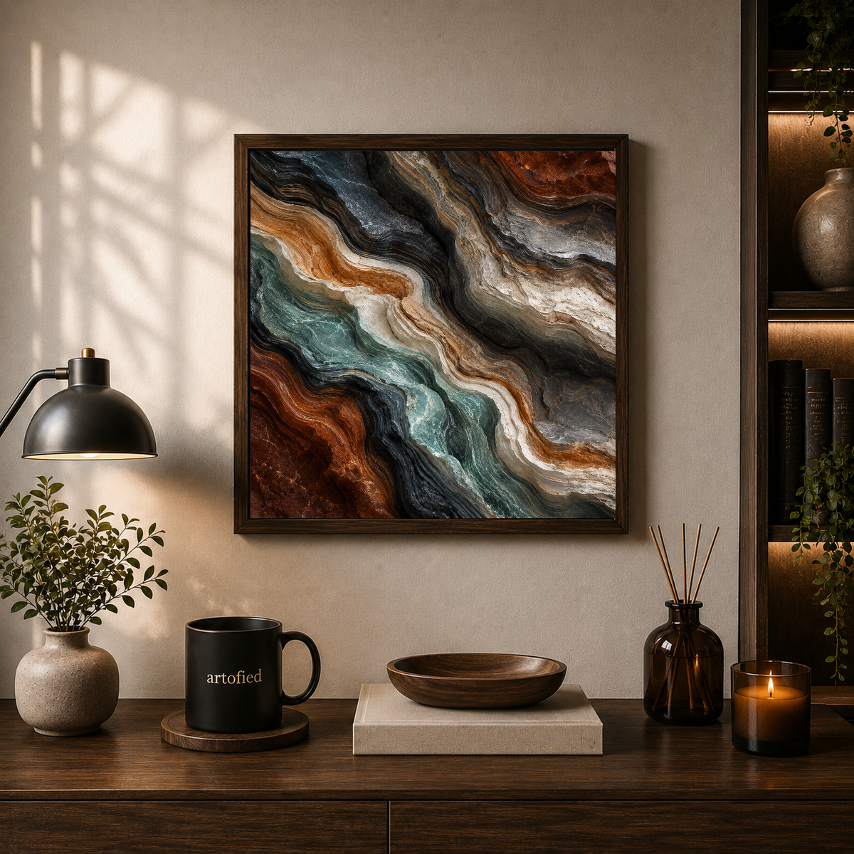Layered Earth: Fluid Abstraction – Swirling teals and burnt orange secrets – Framed Metal Poster - Artofied