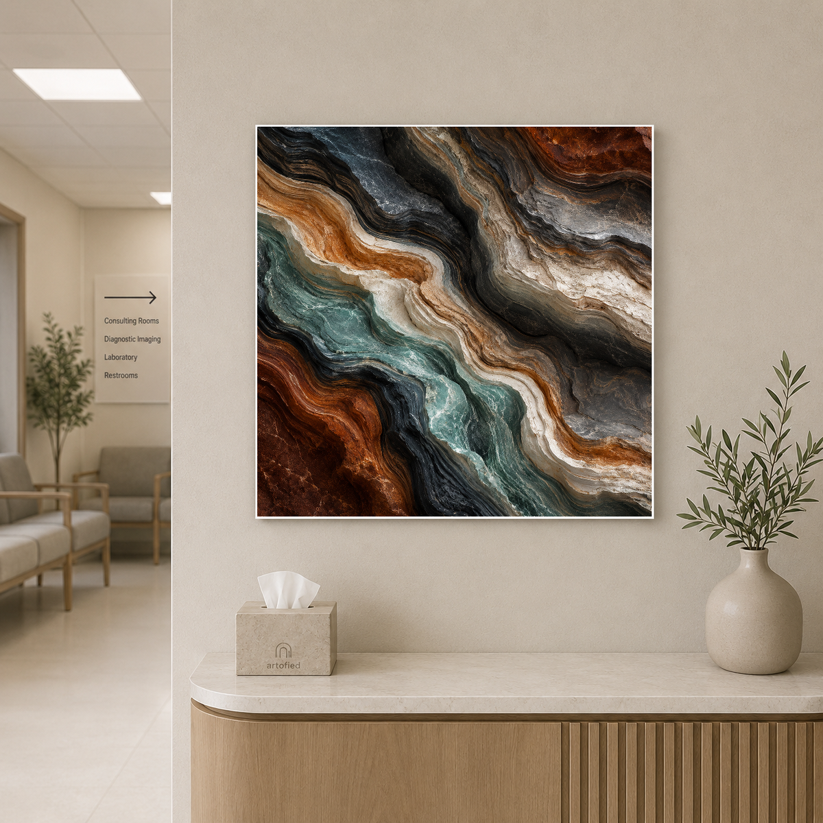 Layered Earth: Fluid Abstraction – Swirling teals and burnt orange secrets – Premium Metal Poster - Artofied