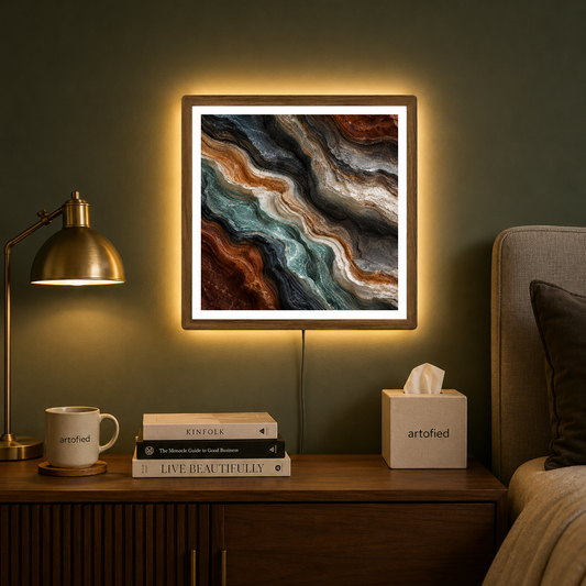 Layered Earth: Fluid Abstraction – Swirling teals and burnt orange secrets – Photo Frame Wall Lamp - Artofied