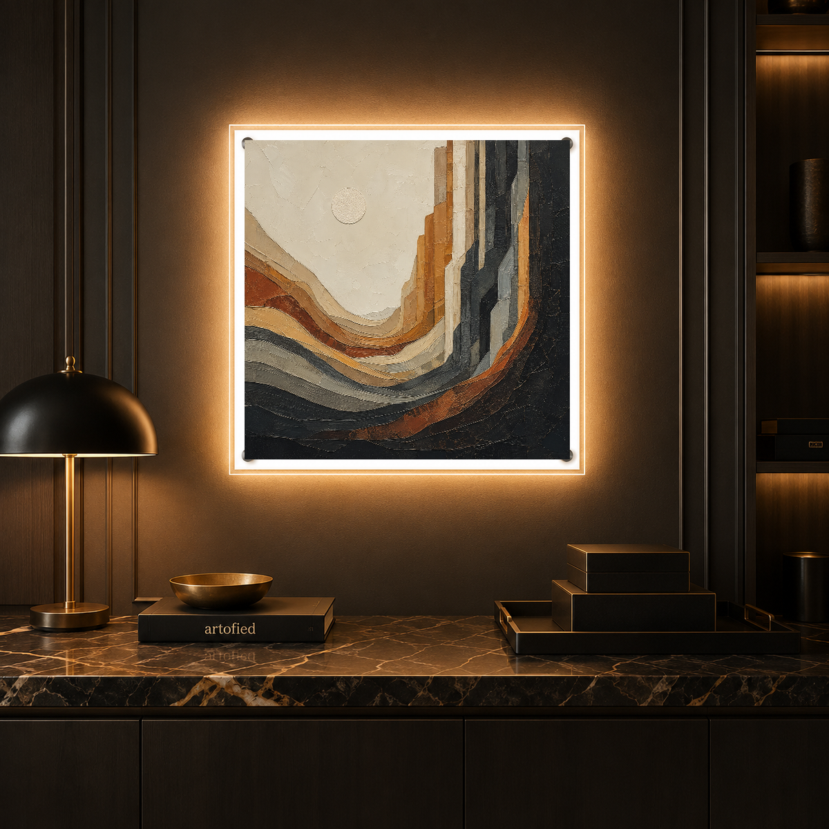 Layered Horizons: Earth & Sky – Layered earth tones whisper depth. – Acrylic Glowing Frame - Artofied