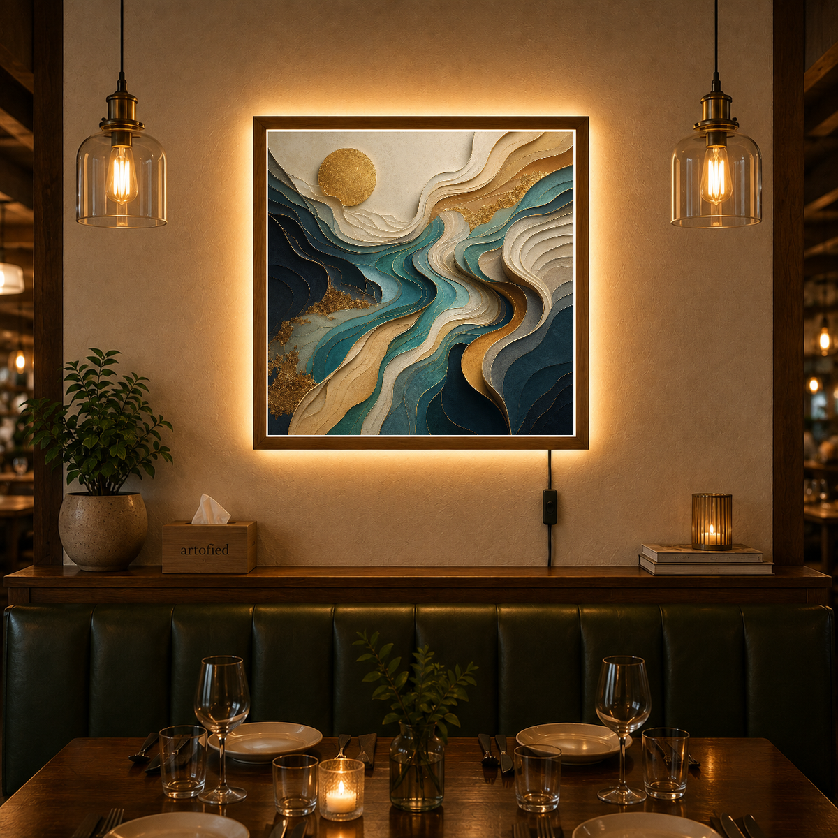 Layered Landscape with Golden Sun – Golden orb rises through layered depths – Acrylic Glowing Frame - Artofied