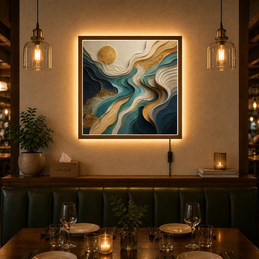 Layered Landscape with Golden Sun – Golden orb rises through layered depths – Acrylic Glowing Frame - Artofied