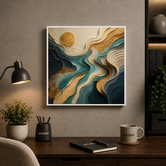 Layered Landscape with Golden Sun – Golden orb rises through layered depths – Framed Metal Poster - Artofied