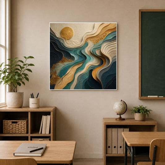 Layered Landscape with Golden Sun – Golden orb rises through layered depths – Premium Metal Poster - Artofied
