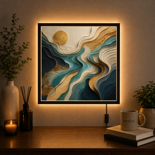 Layered Landscape with Golden Sun – Golden orb rises through layered depths – Photo Frame Wall Lamp - Artofied