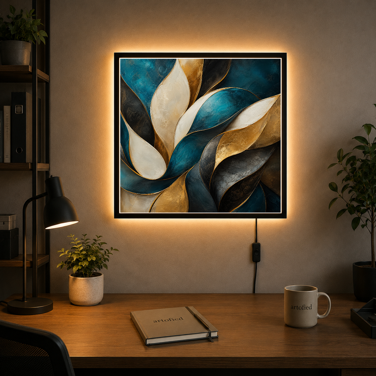 Layered Petals in Teal and Gold – Petals unfold in teal and gold – Acrylic Glowing Frame - Artofied