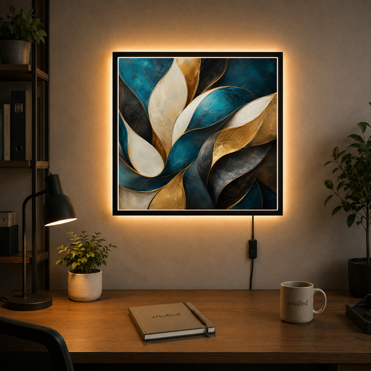 Layered Petals in Teal and Gold – Petals unfold in teal and gold – Acrylic Glowing Frame - Artofied