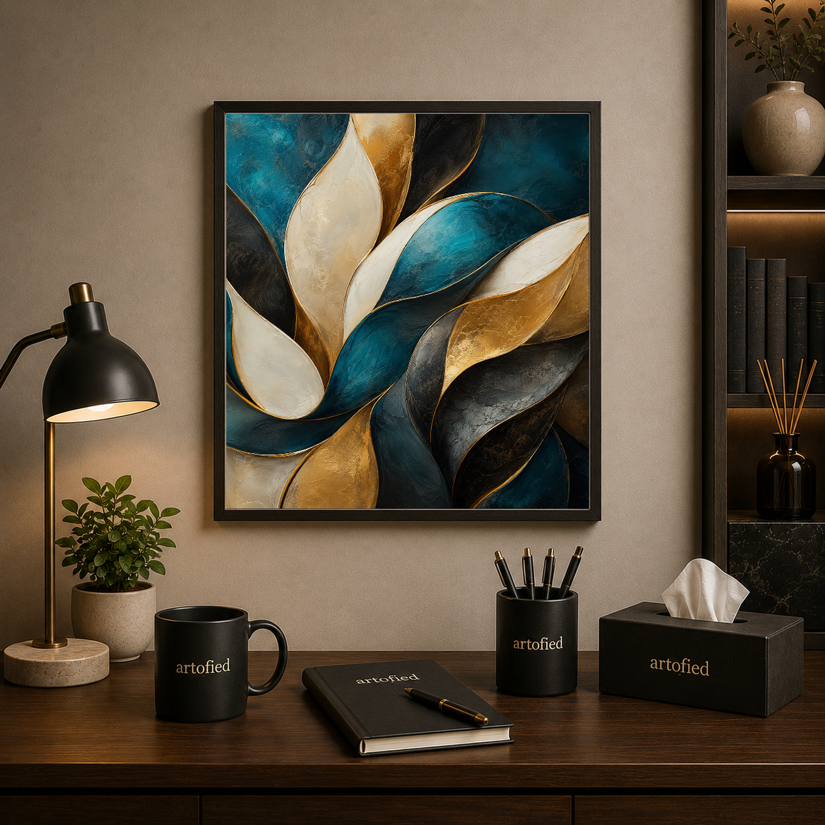 Layered Petals in Teal and Gold – Petals unfold in teal and gold – Framed Metal Poster - Artofied