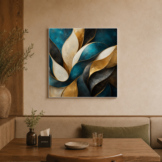 Layered Petals in Teal and Gold – Petals unfold in teal and gold – Premium Metal Poster - Artofied