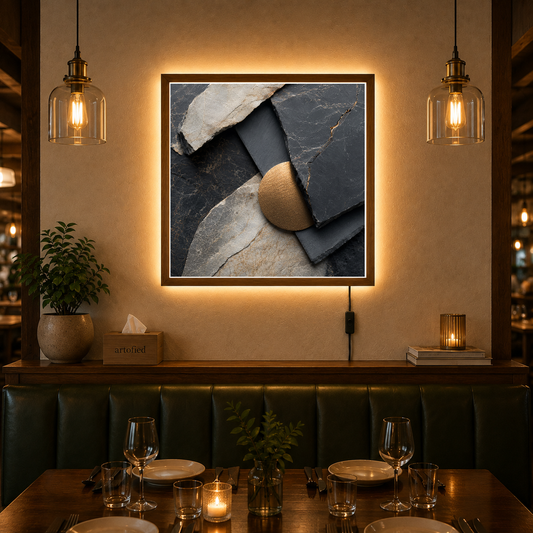 Layered Stones and Sculptural Form – Stone and metal layered in shadow – Acrylic Glowing Frame - Artofied