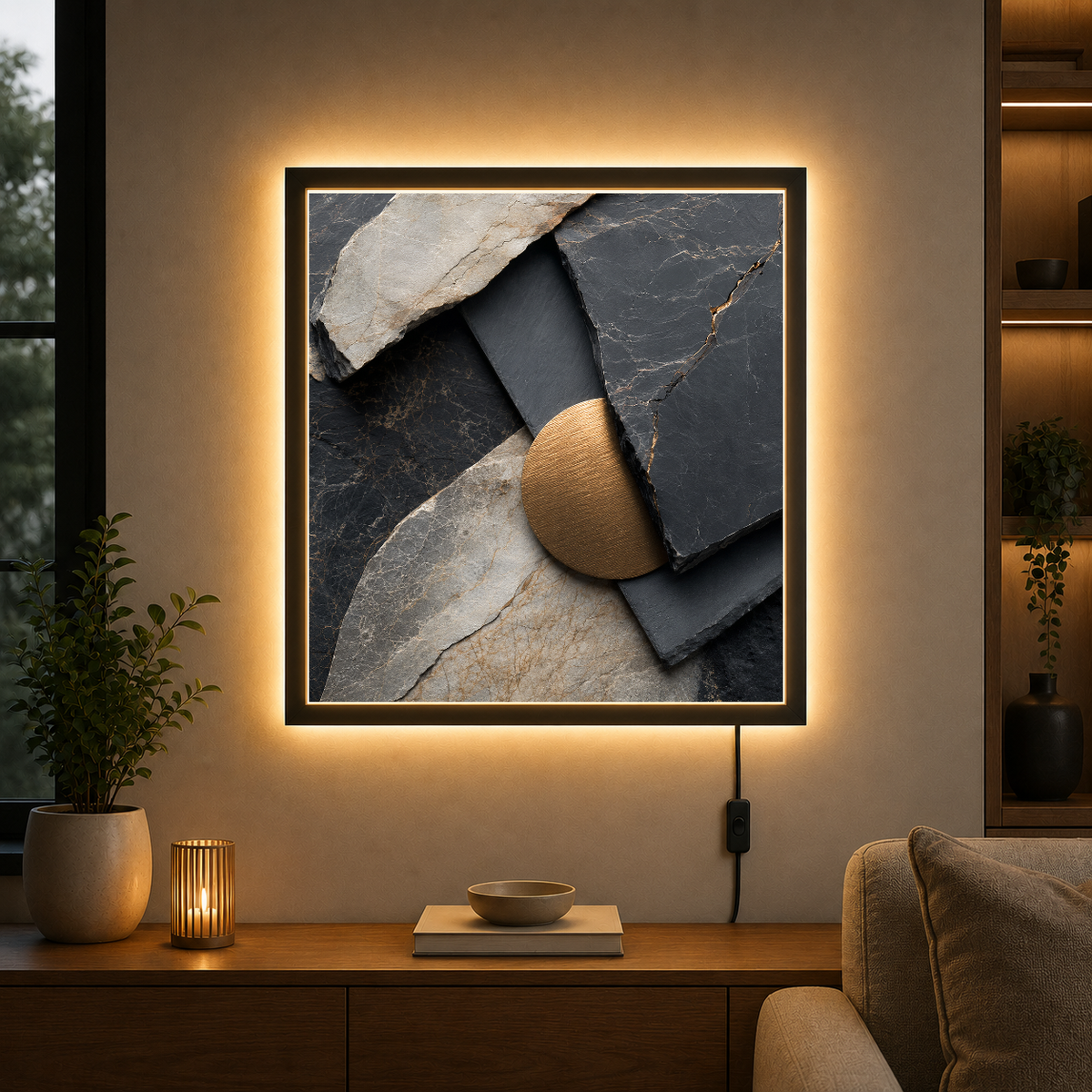 Layered Stones and Sculptural Form – Stone and metal layered in shadow – Photo Frame Wall Lamp - Artofied