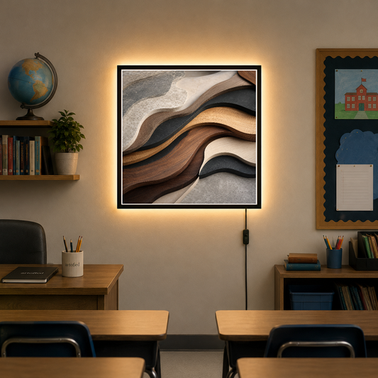Layered Waves in Wood and Stone – Warm wood against cool stone, flowing. – Acrylic Glowing Frame - Artofied