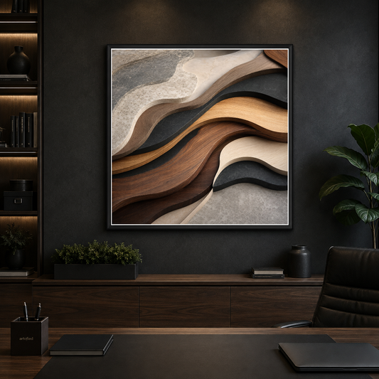Layered Waves in Wood and Stone – Warm wood against cool stone, flowing. – Framed Metal Poster - Artofied