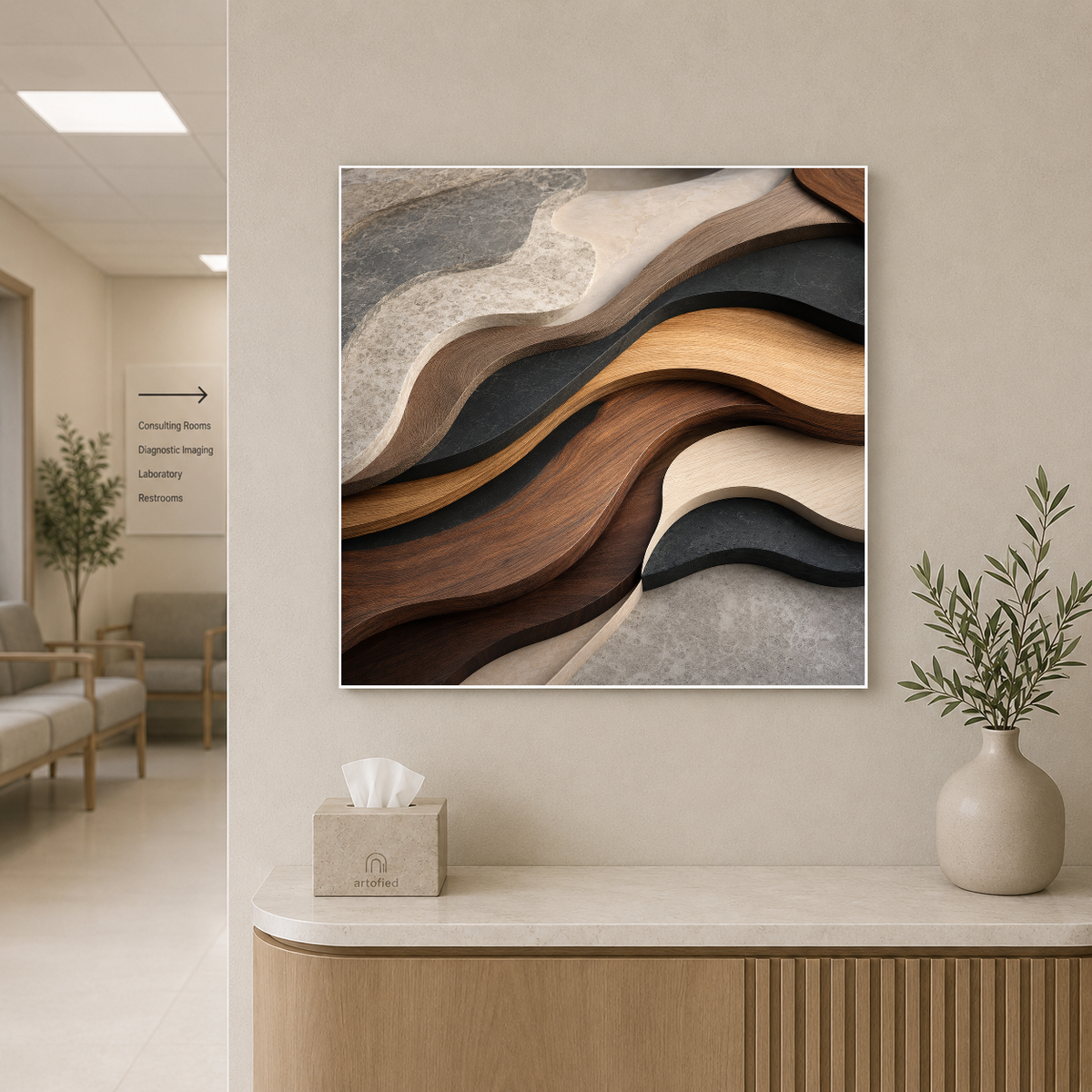 Layered Waves in Wood and Stone – Warm wood against cool stone, flowing. – Premium Metal Poster - Artofied