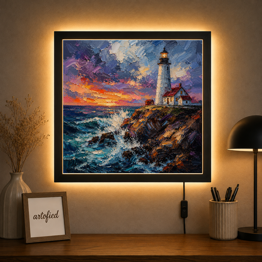 Lighthouse at Golden Hour – Golden light against deepening ocean blue – Acrylic Glowing Frame - Artofied