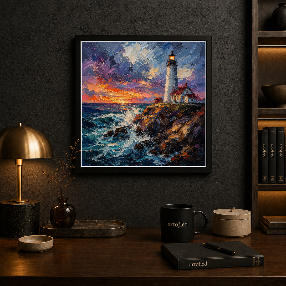 Lighthouse at Golden Hour – Golden light against deepening ocean blue – Framed Metal Poster - Artofied