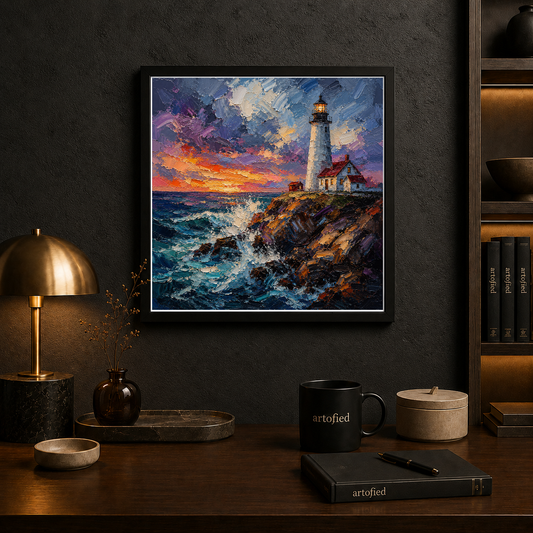 Lighthouse at Golden Hour – Golden light against deepening ocean blue – Framed Metal Poster - Artofied