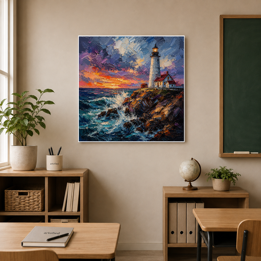 Lighthouse at Golden Hour – Golden light against deepening ocean blue – Premium Metal Poster - Artofied