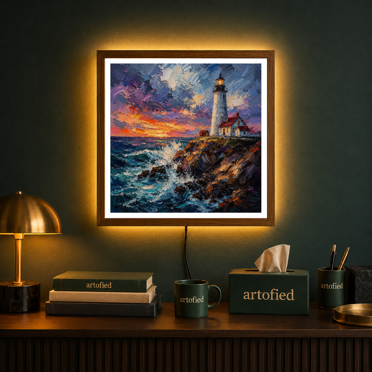 Lighthouse at Golden Hour – Golden light against deepening ocean blue – Photo Frame Wall Lamp - Artofied
