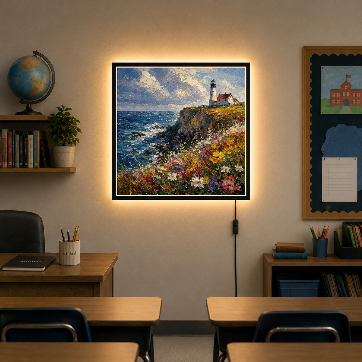 Lighthouse Cliffs with Wildflowers – Wildflowers gold against endless blue – Acrylic Glowing Frame - Artofied